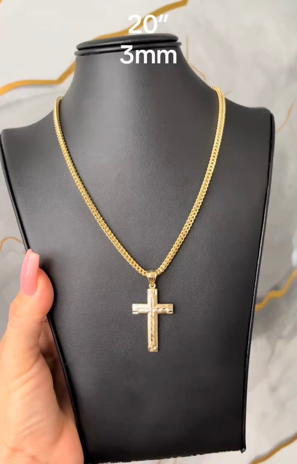 Cadena Franco con Dije de Cruz Oro 10K autenico 3mm 20"