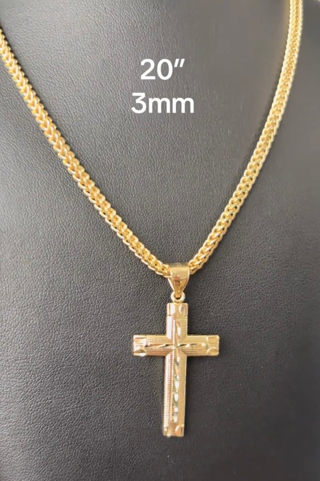 Cadena Franco con Dije de Cruz Oro 10K autenico 3mm 20"